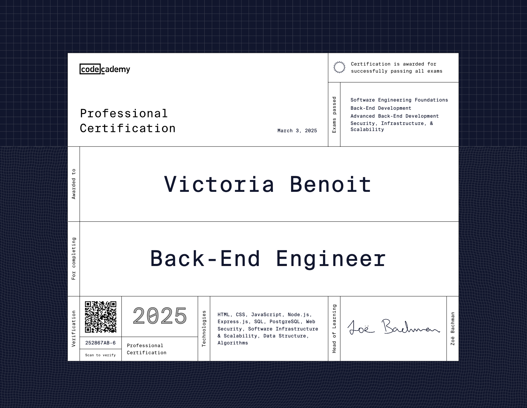 Back End Engineer certificate