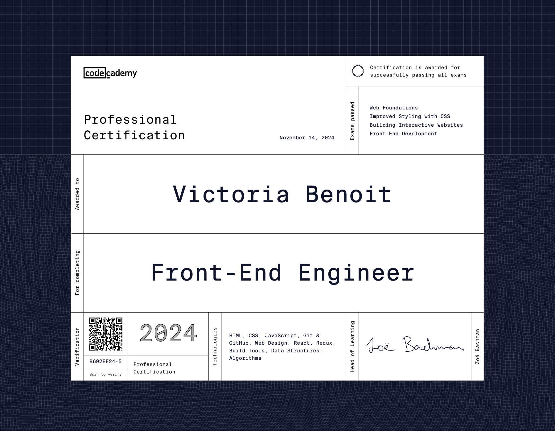 Front End Engineer certificate