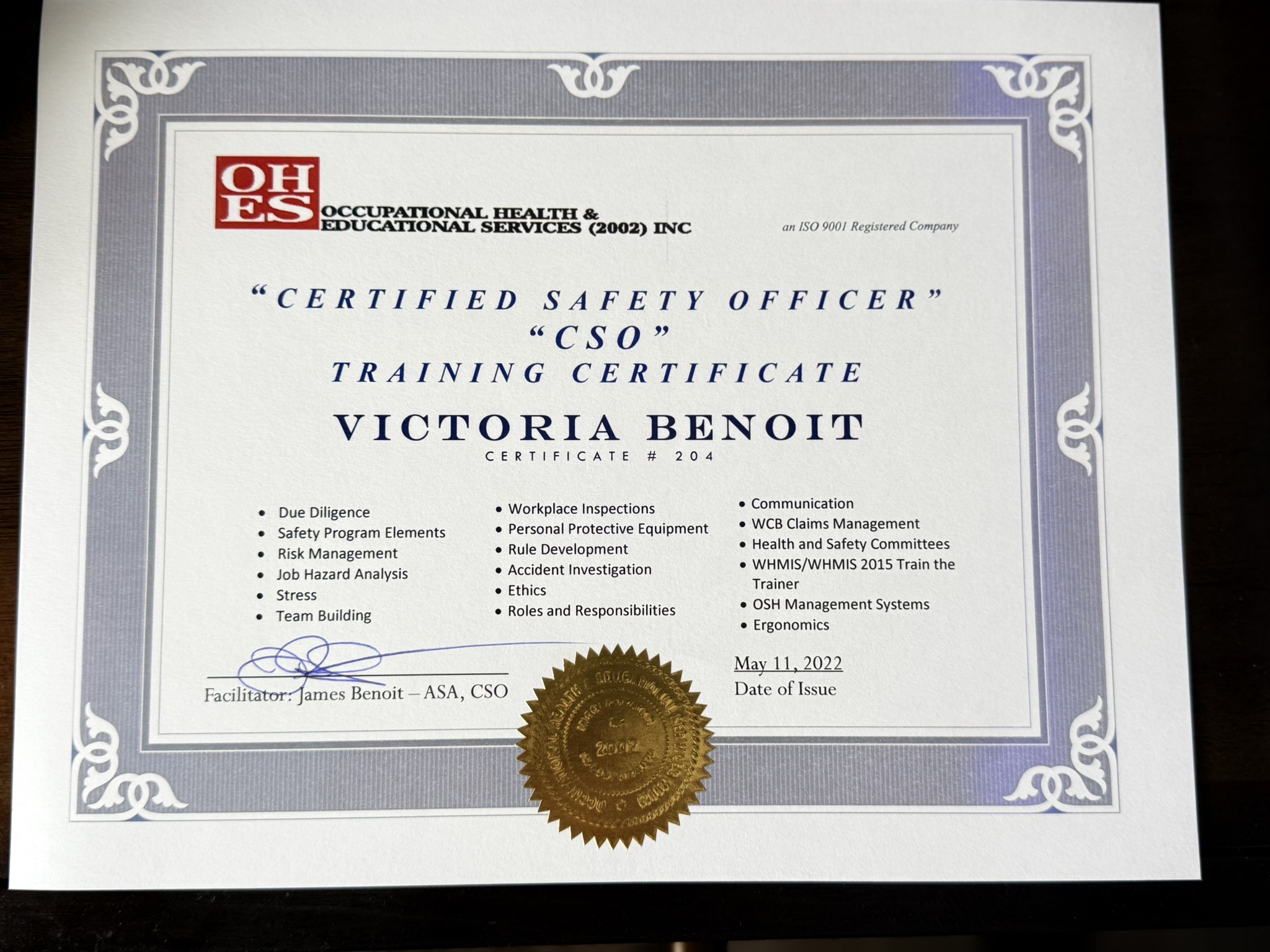 Certified Safety Officer certificate