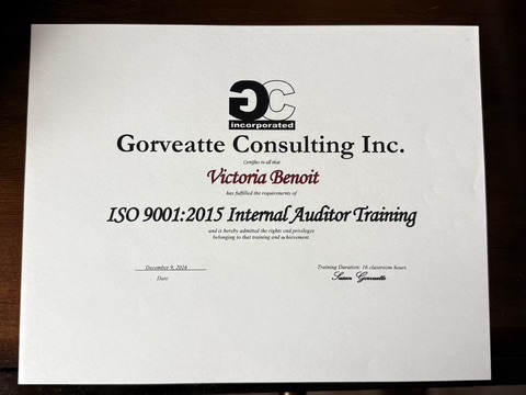 ISO 9001:2015 Internal Auditor Training certificate