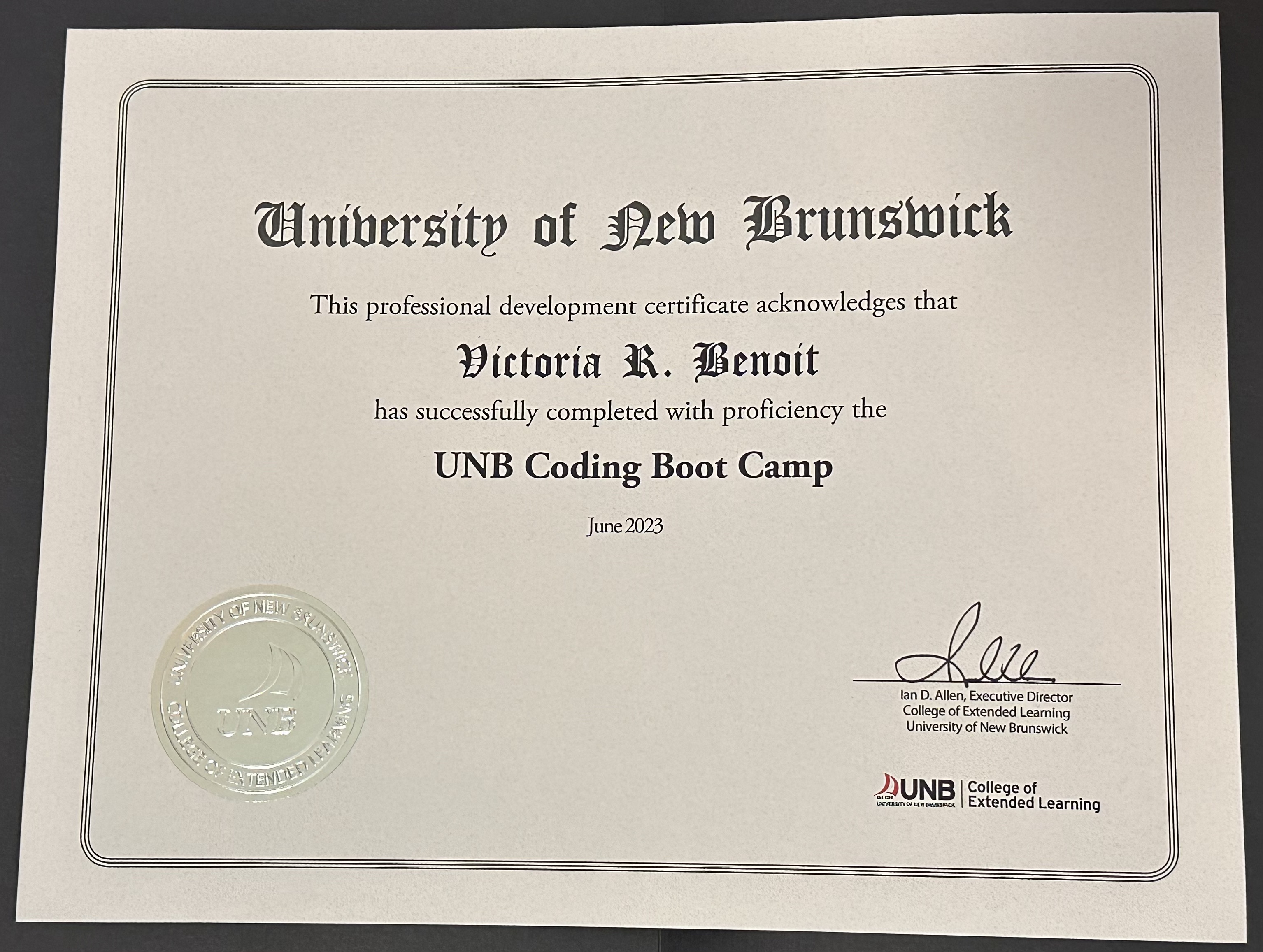 UNB Coding Boot Camp certificate