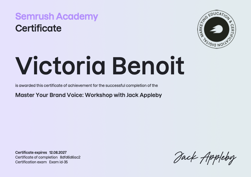 Semrush Brand Voice certificate