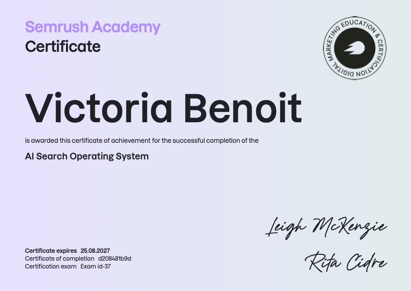 Semrush SEO AI Search OS certificate