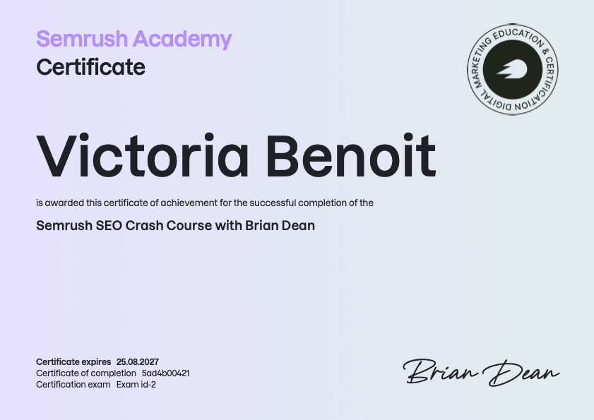 Semrush SEO Crashcourse certificate