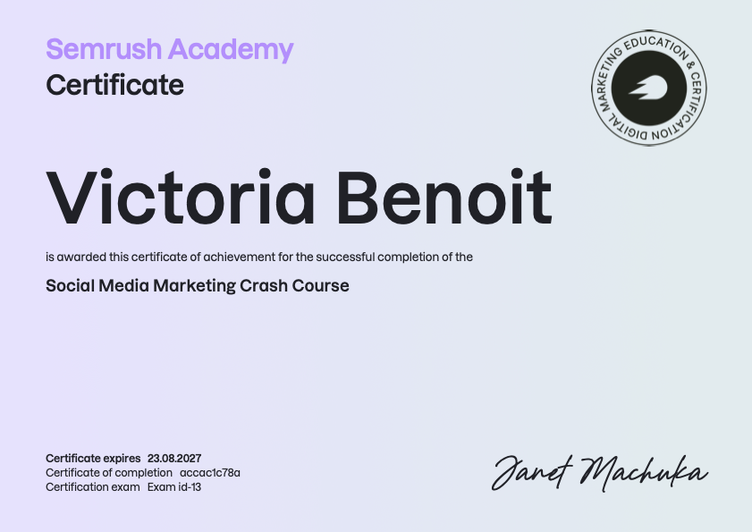 Semrush Social Media Marketing certificate